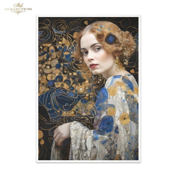 Papier decoupage morwowy FPA3003, Seria Inspired by Klimt, kobiety, zloto, dekoracyjne wzory, kamienie szlachetne, mozaiki, motywy secesyjne * Mulberry decoupage paper FPA3003, women, gold, decorative patterns, gemstones, mosaics, Art Nouveau motifs