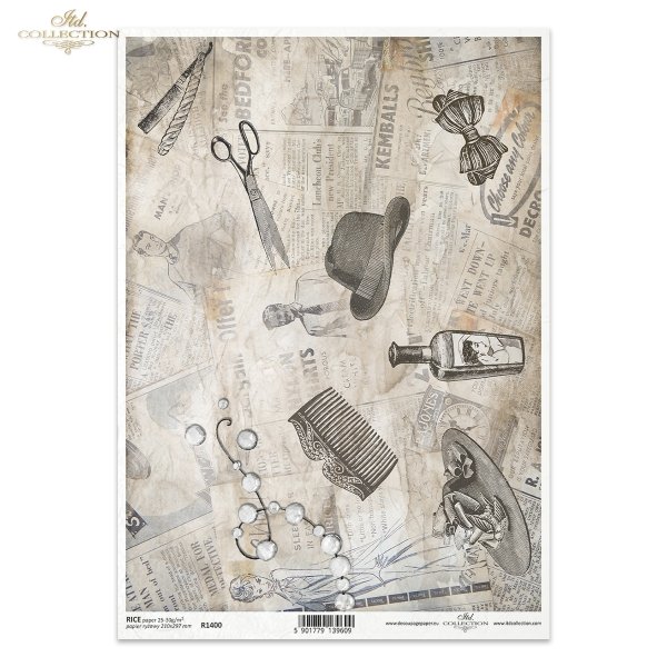 vintage, retro, stara gazeta, druk, fryzjer, fryzjerskie akcesoria, melonik, muszka, nożyce, nożyczki, grzebień, brzytwa, old newspaper, print, barber accessories, bowler, bow tie, scissors, comb, razor, alte Zeitung