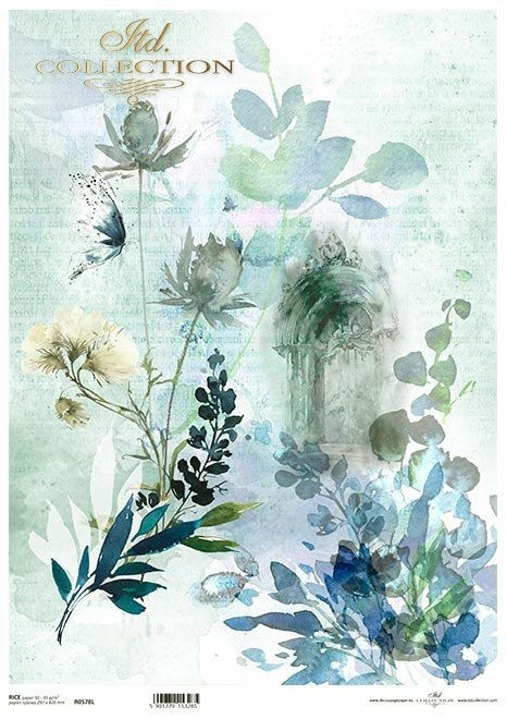 Niebieskie kwiaty, kwiatki, akwarele, kompozycja kwiatowa, tajemnica, kolaż, drzwi, motyl