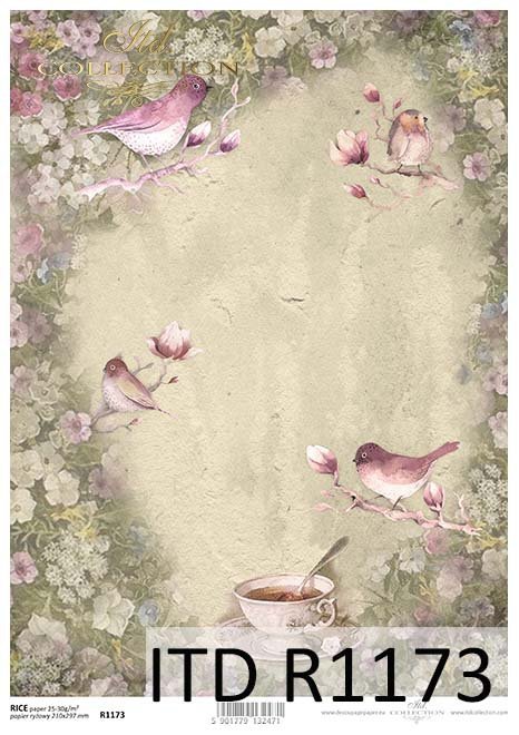 papier decoupage Vintage, filiżanka, ptaki, kwiaty*Vintage decoupage paper, cup, birds, flowers