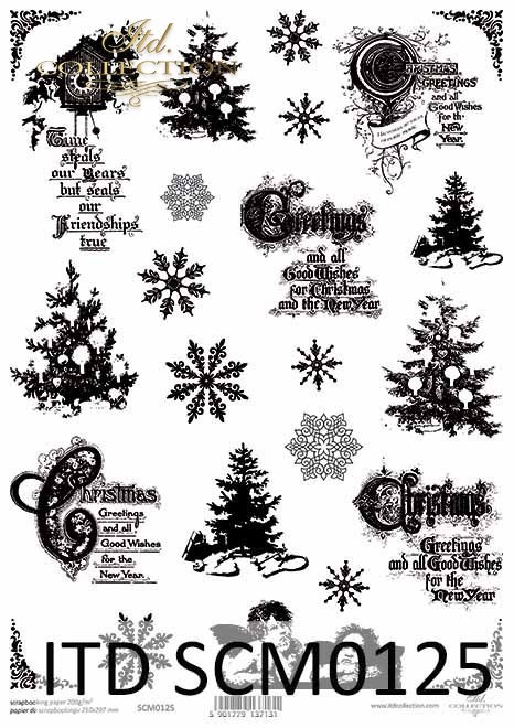 Papier scrapbooking Vintage, choinki, amorki, święta, napisy*Vintage scrapbooking paper, Christmas trees, cupids, holidays, inscriptions