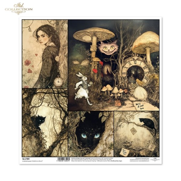 Alicja, grzyby, Kot, oczy kota, Biały Królik, mroczny krajobraz, kot na drzewie*Alice, mushrooms, Cat, cat's eyes, White Rabbit, dark landscape, cat in a tree