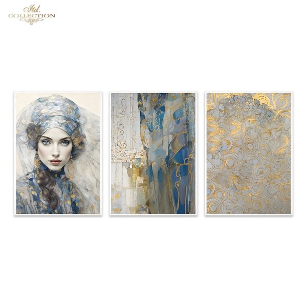 Papier decoupage morwowy FPA3006, Seria Inspired by Klimt, kobiety, zloto, dekoracyjne wzory, kamienie szlachetne, mozaiki, motywy secesyjne * Mulberry decoupage paper FPA3006, women, gold, decorative patterns, gemstones, mosaics, Art Nouveau motifs