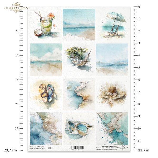 abstrakcja, marmur, alkohol ink, złote żyłki, morze, plaża, wybrzeże, horyzont, pejzaż, akwarela, japonki, klapki, kapelusz, muszle, okulary przeciwsłoneczne, drink, kokos, hamak, leżak, parasol plażowy