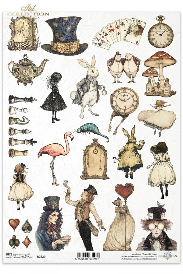 Baśniowe elementy, szachy, Alicja, dziewczynka, Kapelusznik, symbole kart, Biały Królik, kapelusz, karty, zegarek, filiżanka, flaming, gąsienica*Fairy tale elements, chess, Alice, girl, Hatter, card symbols, White Rabbit, hat, cards, watch, cup, flamingo,