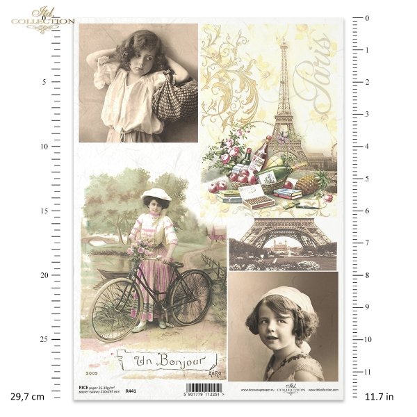 Paryż, wieża Eiffla, sielankowa atmosfera, retro, rower, suknia, dawna moda, kobieta, dziewczyna, stare widokówki