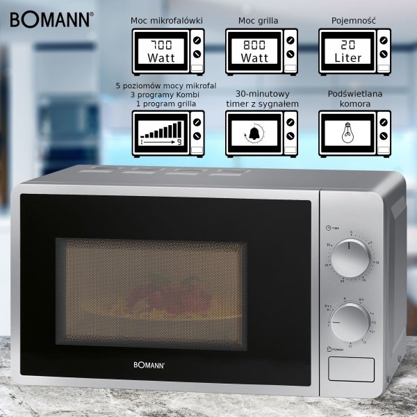 Kuchenka mikrofalowa z grillem 2W1 Bomann MWG 6015 CB (srebrna)