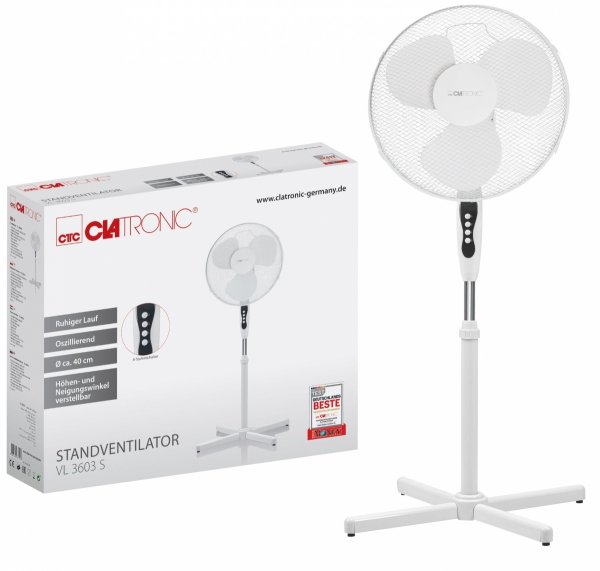 Wentylator stojący wiatrak podłogowy Clatronic VL 3603 S (Ø40cm, wys.125cm, biały)