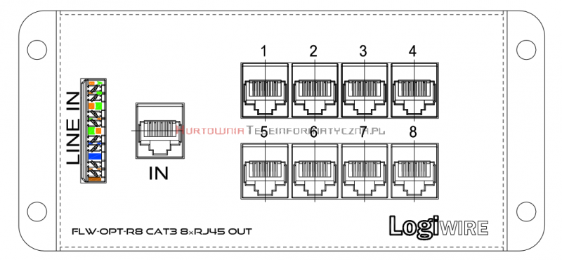 LogiWire Panel rozdzielczy telefoniczny - wejscie RJ45/IDC - wyjście 8x RJ45