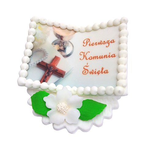 Dekoracja cukrowa na tort KSIĄŻECZKA kielich i krzyż komunia