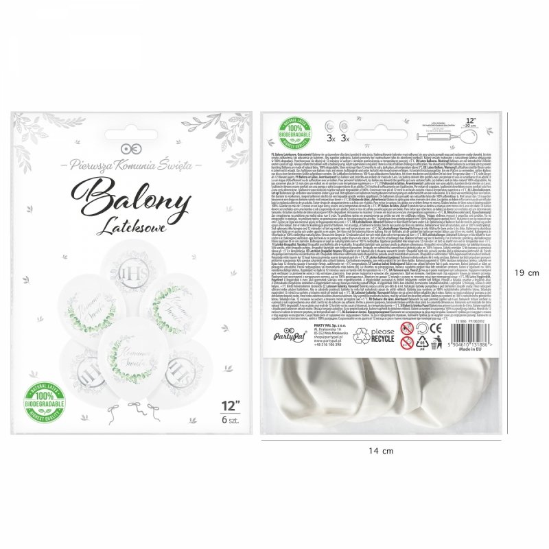 Balony Komunijne Biodegradowalne Eukaliptus Srebrny 12 Cali – 6 Szt. – Zestaw