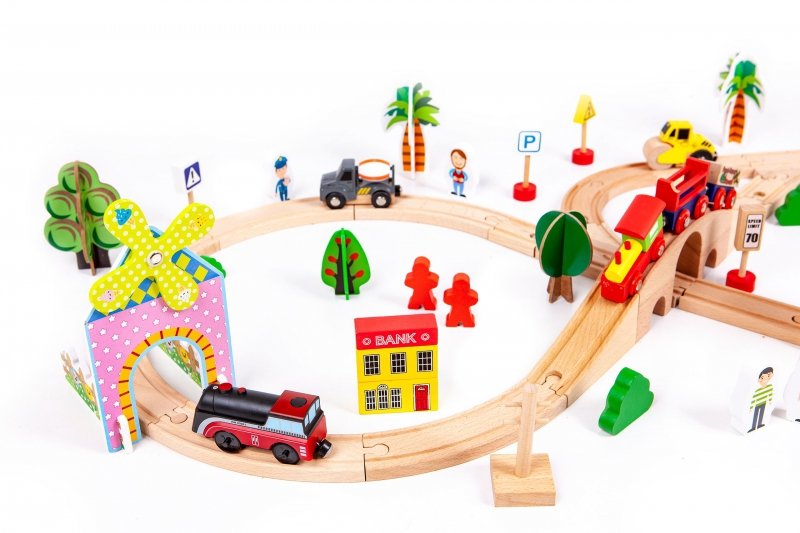 Drewniany pociąg kolejka 74 elementy ECOTOYS