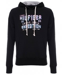 Bluza Tommy Hilfiger męska czarna z kapturem bawełniana duże logo
