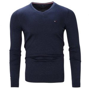 Sweter męski Tommy Hilfiger granatowy jedwab z dekoldem v-neck