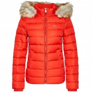 Kurtka damska puchowa Tommy Jeans zimowa czerwona z kapturem