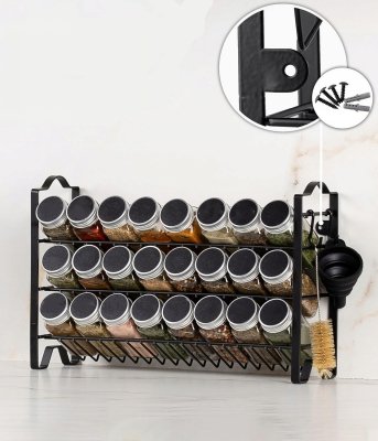 Czarny stojak organizer metalowy na przyprawy szklane słoiczki w zestawie naklejki i lejek