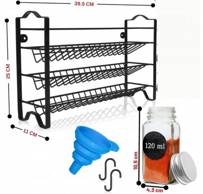 Czarny stojak organizer metalowy na przyprawy szklane słoiczki w zestawie naklejki i lejek