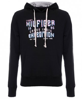 Bluza Tommy Hilfiger męska czarna z kapturem bawełniana duże logo