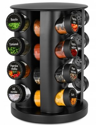 Czarny organizer na przyprawy stojak słoiczki szklane w zestawie naklejki i lejek