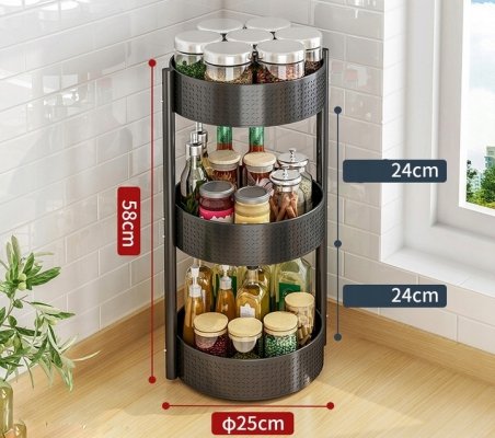 Regał kuchenny metalowy z obrotową paterą szafka kuchenna 3 poziomowa czarna 