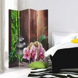Parawan pokojowy - 4 częściowy - Orchidea, Kamyki, bambusy 