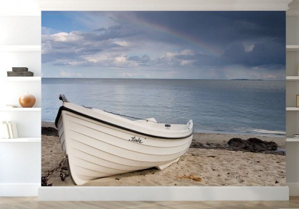 Fototapeta - Biała łódź na plaży - Sklep decoart24.pl
