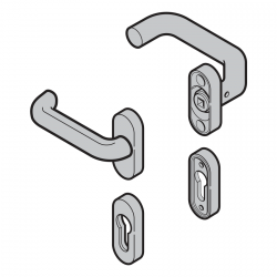 Komplet klamek (92), kształt wygięty / płaski (drzwi przejściowe), odlew aluminiowy, RAL 9016, PZ