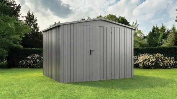 Metalowy domek narzędziowy EcoStar Euroline ESD 14 (310x310 cm) - dach dwuspadowy, drzwi 1-skrzydłowe, kolor szary aluminium RAL 9007