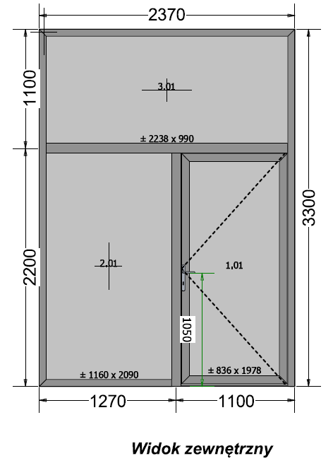 Ścianka / przegroda aluminiowa ALUPROF z drzwiami, wewnętrzna, wymiary 2370x3300 mm, drzwi 944x2154 mm, szyba bezpieczna 6 mm, RAL 9007