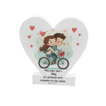 Drewniana tabliczka serce z podstawką wzbogacona lakierem UV z napisem Wolę jedno życie z Tobą niż samotność przez wszystkie ery tego świata.  14.8x15x1,5 cm