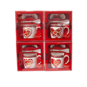 Kubek walentynkowy ceramiczny z pokrywką i łyżeczką w ozdobnym opakowaniu,  mix wzorów . 300 ml
