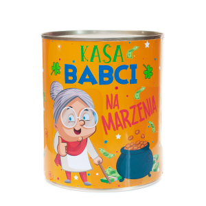 Skarbonka metalowa urodzinowa z napisem  Kasa BABCI na marzenia 