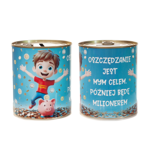 Skarbonka metalowa z napisem  OSZCZĘDZANIE JEST MYM CELEM POŹNIEJ BĘDĘ MILIONEREM
