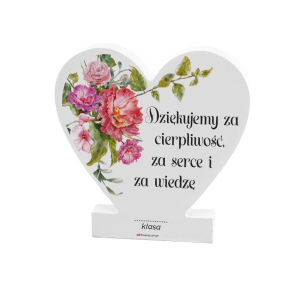 Drewniana tabliczka serce z podstawką wzbogacona lakierem UV z napisem Dziękujemy za...