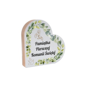 Drewniana tabliczka serce z podstawką wzbogacona lakierem UV z napisem  Pamiątka I Komunii Świętej  12x12x2.5 cm