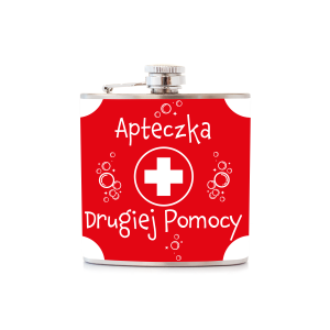 Piersiówka ze stali nierdzewnej z napisem APTECZKA DRUGIEJ POMOCY. 180 ml.