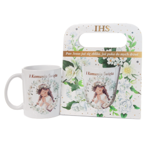 Kubek ceramiczny z napisem  I Komunia Święta w ozdobnym opakowaniu 