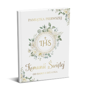 Książeczka z okazji I Komunii Świętej w formacie A5 wraz z kopertą w środku.