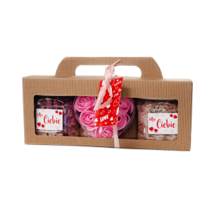 Zestaw WALENTYNKOWY  - mydełko w różyczki i 2 sole do kąpieli z płatkami róży i laweny