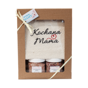 Zestaw prezentowy Dla Kochanej Mamy - ręcznik z haftem Kochana Mama +sól himalajska+płatki róż w ozdobnym opakowaniu