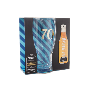 Zestaw 2w1 szklanka do piwa ze złotą cyfrą 70  z otwieraczem do butelek Na zdrowie  w ozdobnym opakowaniu prezentowym . 500 ml
