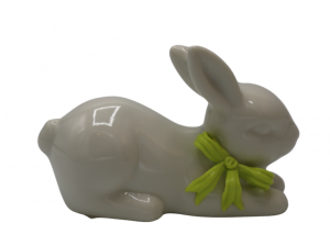 KRÓLICZEK CERAMICZNY LEŻĄCY BIAŁY Z LIMONKOWĄ KOKARDKĄ MAŁY 11x5x7,5 cm