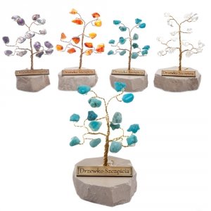 Drzewko szczęścia. Ok. 15 kamieni szlachetnych. Rróżne rodzaje. 
Średnica 5 cm wys. 7 cm.