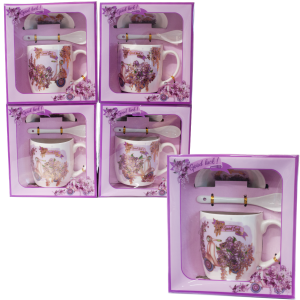 Kubek ceramiczny z łyżeczką i spodkiem w ozdobnym opakowaniu . GOOD LUCK .Mix wzorów. 300 ml