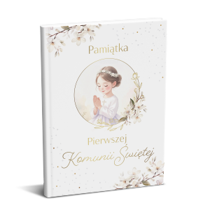 Książeczka z okazji I Komunii Świętej w formacie A5 wraz z kopertą w środku.