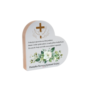 Drewniana tabliczka serce z podstawką wzbogacona lakierem UV z napisem Pamiatka Pierwszej Komunii Świętej 12x12x2.5 cm 