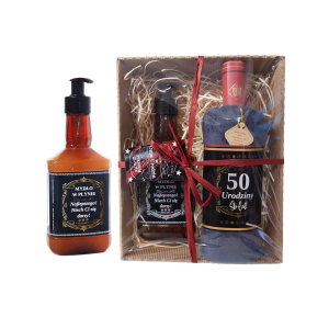 Zestaw prezentowy 50 URODZINY  ręcznik w kształcie butelki i mydło w płynie