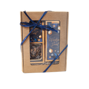 Zestaw Świąteczny - Czekolada i Herbata  w ozdobnym pudełku z tektury falistej. Granatowy.17.5x23.5x5 cm