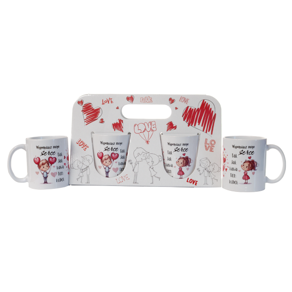 Komplet dwóch kubków w ozdobnym opakowaniu "Wypełniasz moje serce jak kawa ten kubek" Dziewczynka i chłopczyk 