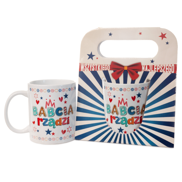 Kubek ceramiczny w ozdobnym opakowaniu z napisem "Babcia rządzi". 330 ml